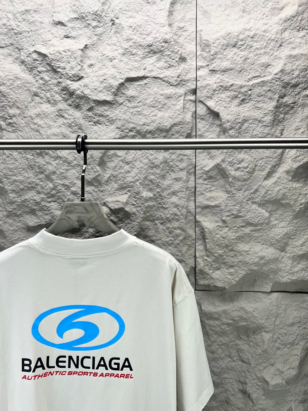 Balenciaga T-shirt in white with blue back logo graphic, short sleeves