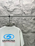 Balenciaga T-shirt in white with blue back logo graphic, short sleeves