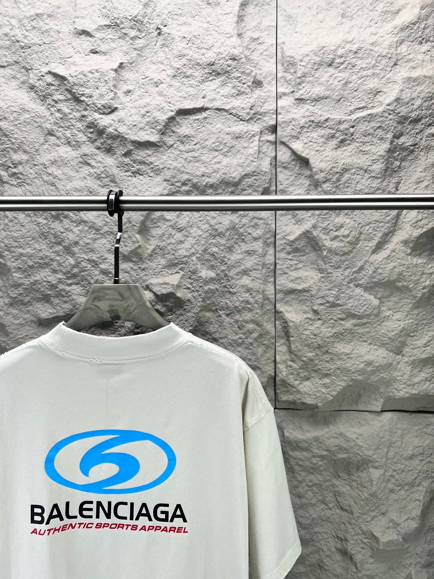 Balenciaga T-shirt in white with blue back logo graphic, short sleeves