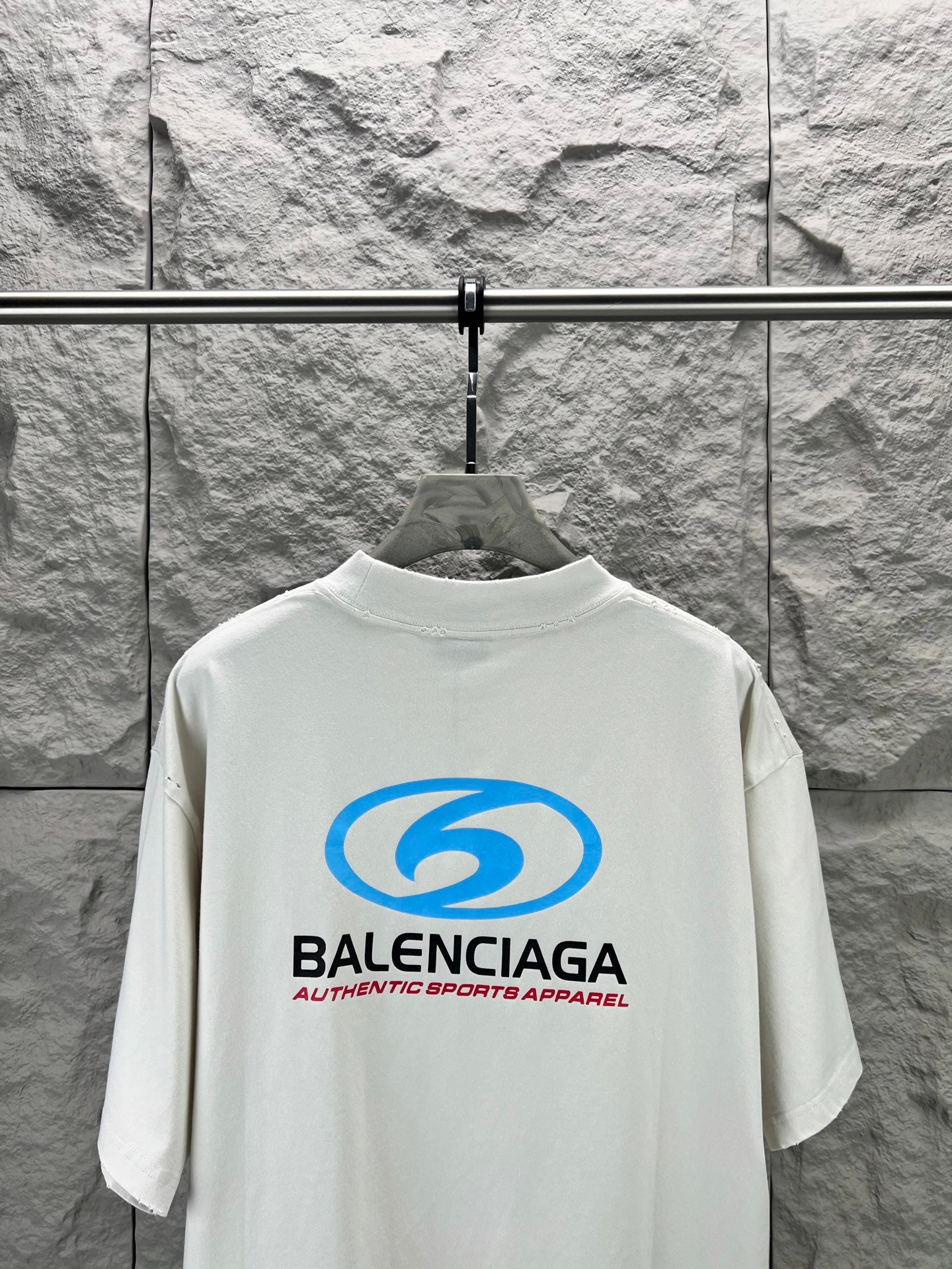 Balenciaga T-shirt in white with blue back logo graphic, relaxed fit and crew neck