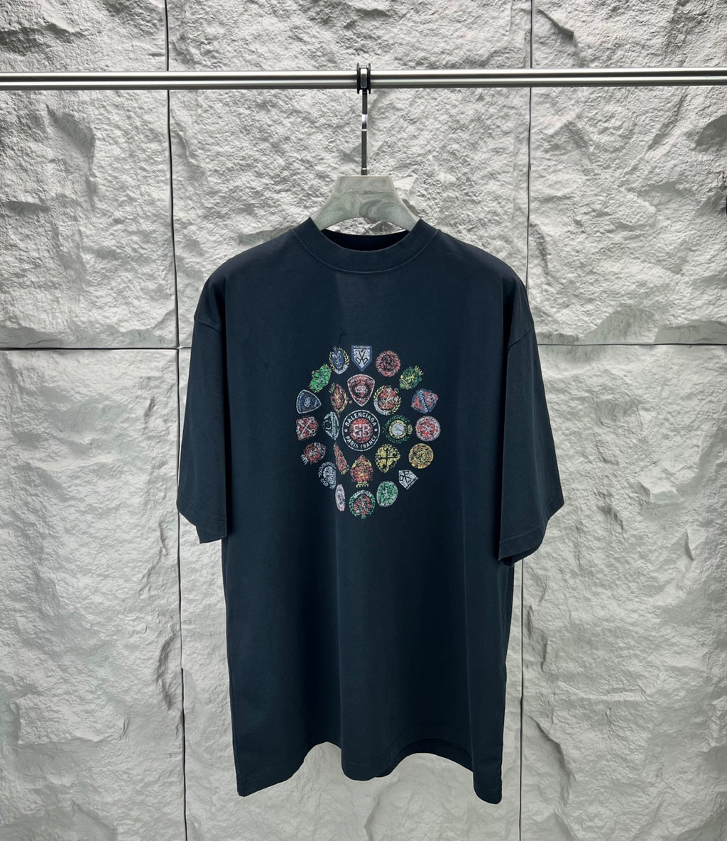 Balenciaga dark navy graphic short-sleeve t-shirt with multicolor badge print