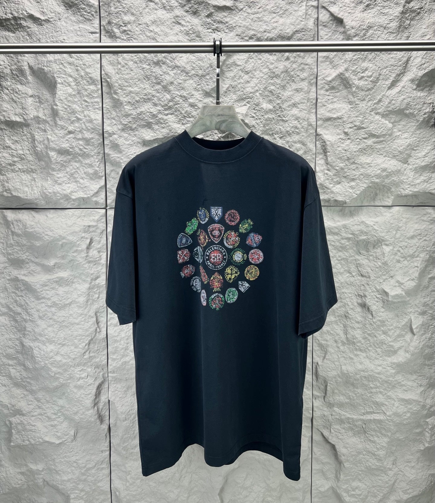Balenciaga dark navy graphic short-sleeve t-shirt with multicolor badge print