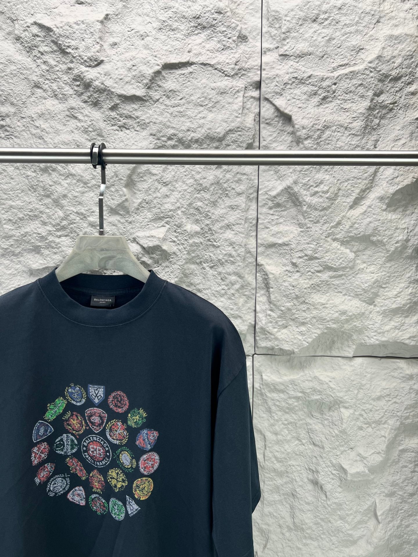 Balenciaga dark navy graphic short-sleeve t-shirt with multicolor badge front print