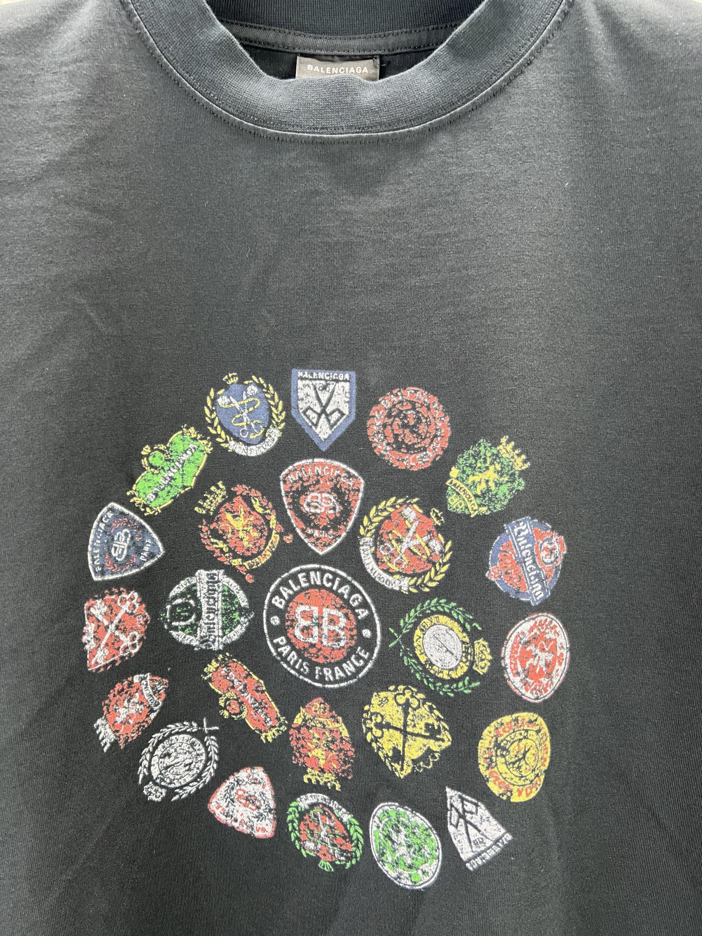 Balenciaga gray graphic short-sleeve t-shirt with multicolor emblem collage print