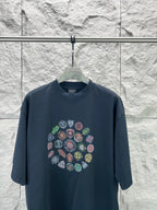 Balenciaga dark navy graphic short-sleeve t-shirt with multicolor circular badge print