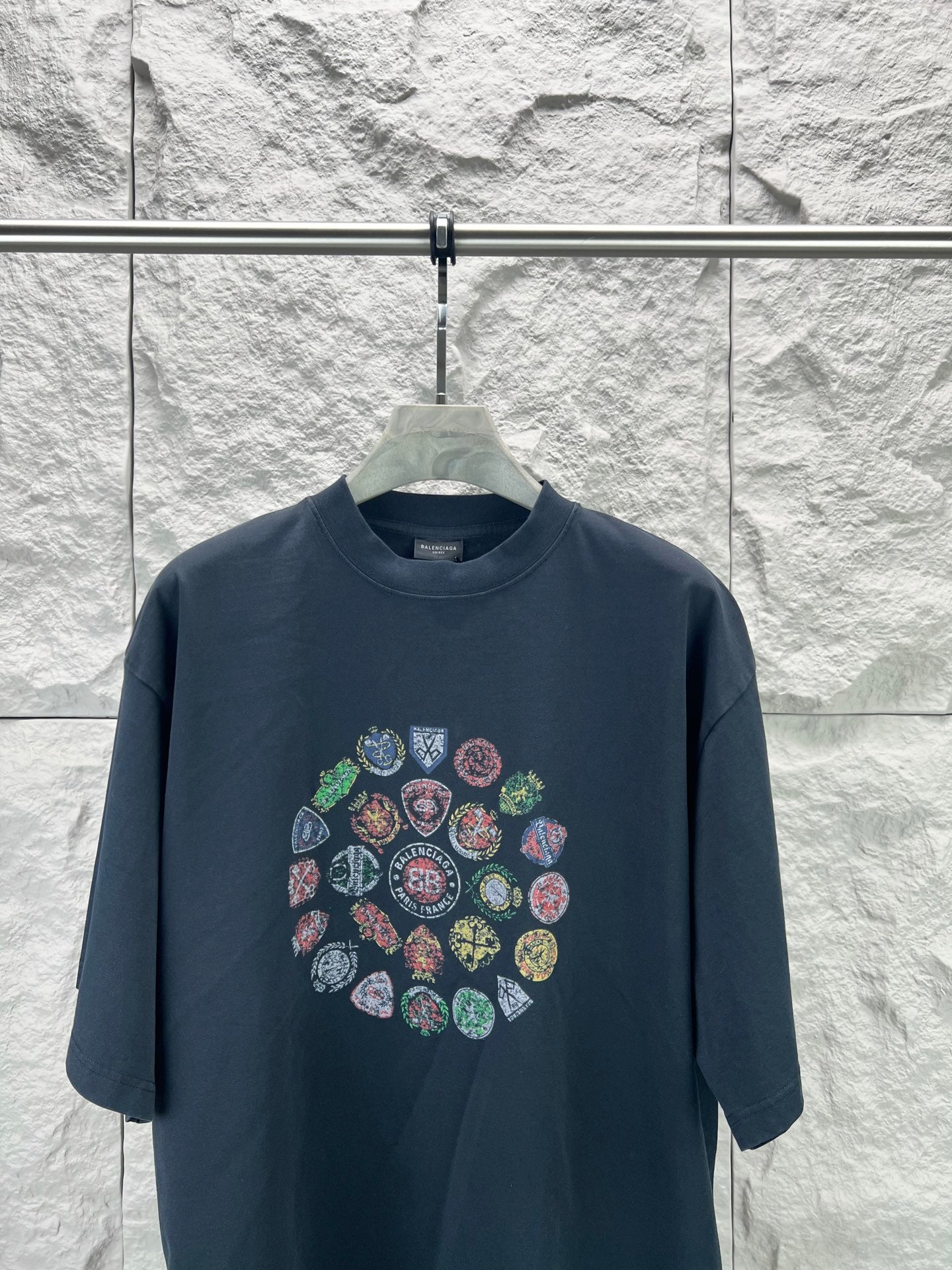 Balenciaga dark navy graphic short-sleeve t-shirt with multicolor circular badge print