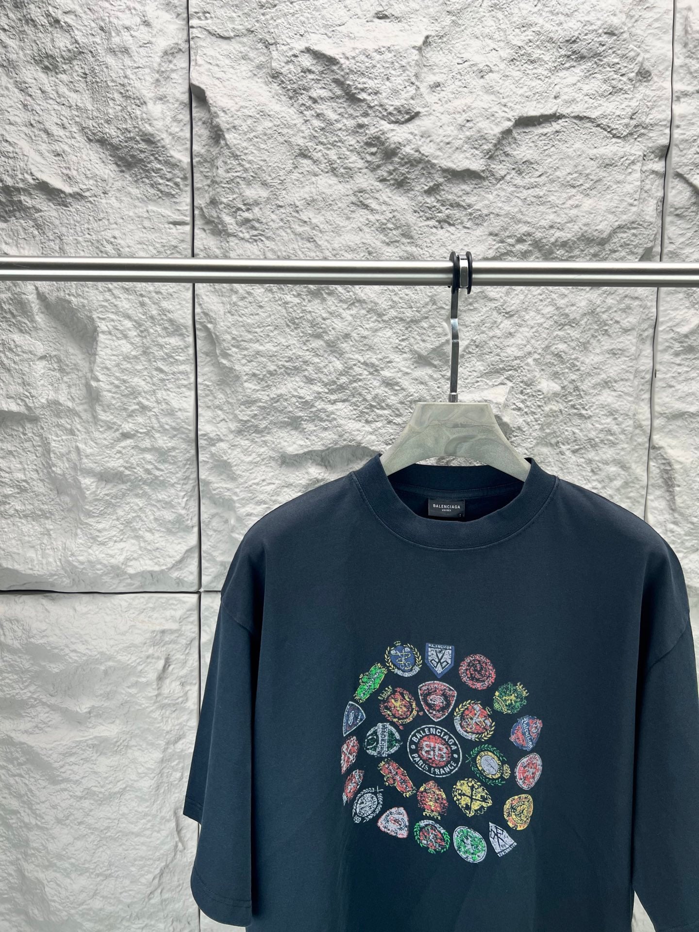 Balenciaga dark navy graphic short-sleeve t-shirt with multicolor circular badge logo