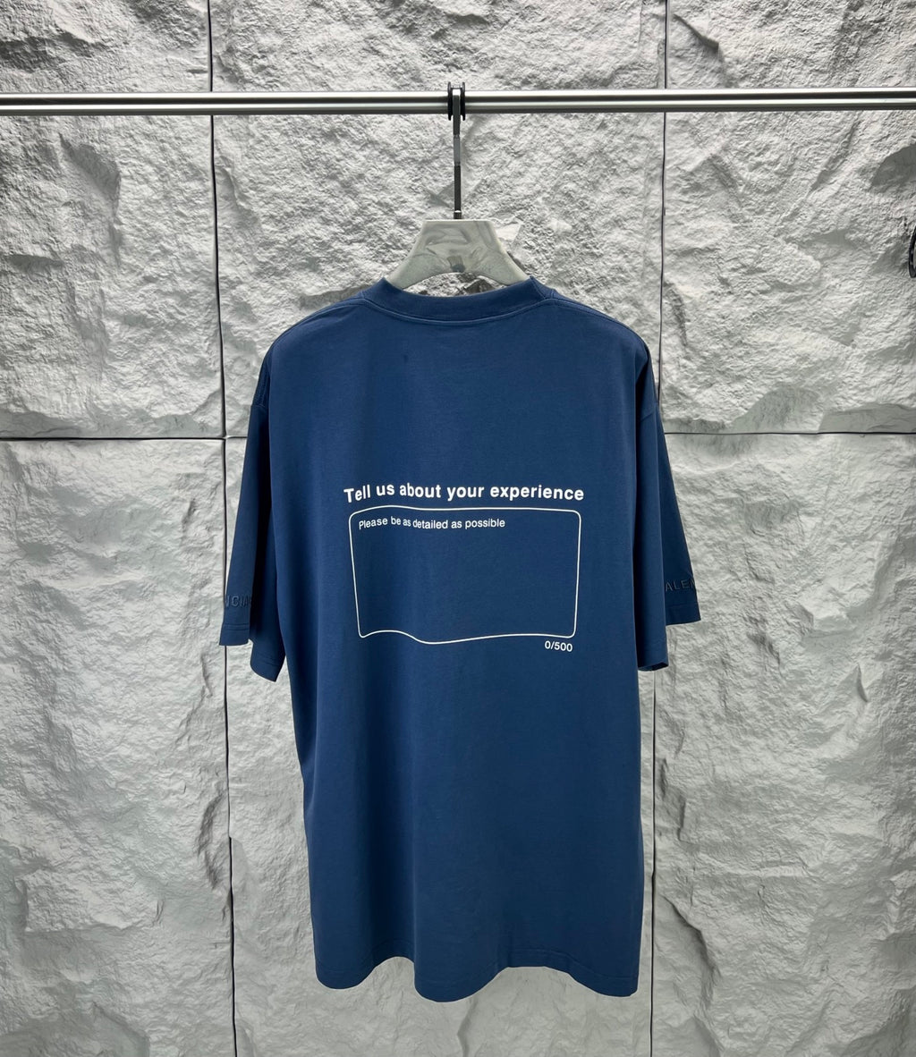 Blue short-sleeve T-shirt with centered back text inside an outlined box