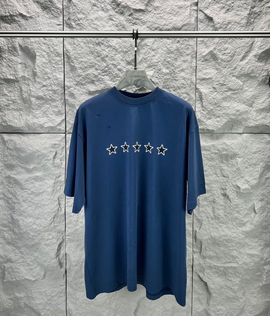 Blue short-sleeve T-shirt with five star print across the chest
