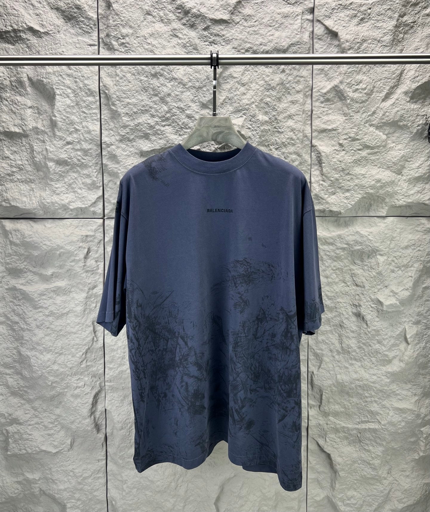 Balenciaga short-sleeve T-shirt, dark blue crew neck, front graphic logo