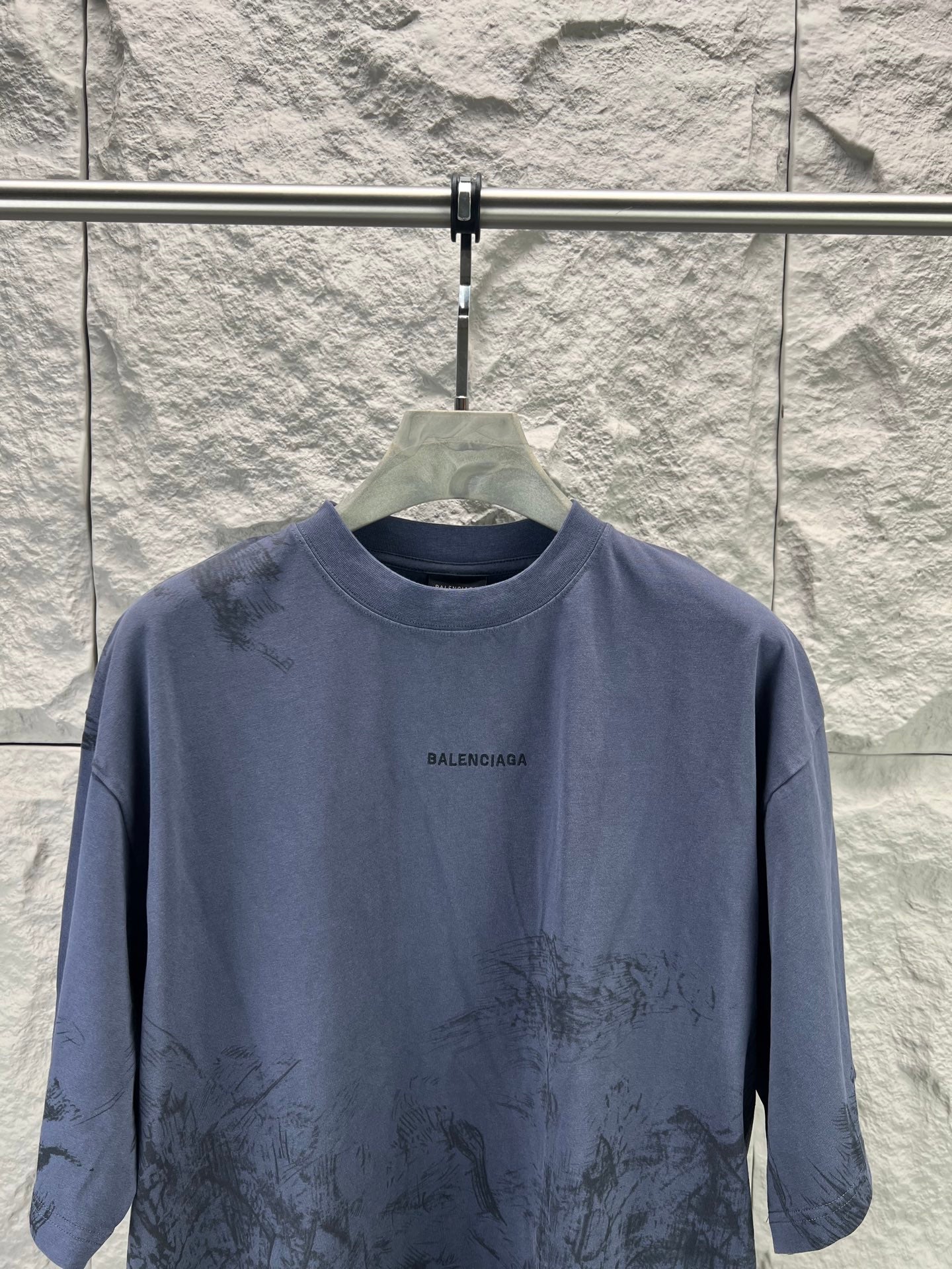 Balenciaga short-sleeve T-shirt, dark blue crew neck, faded BALENCIAGA logo