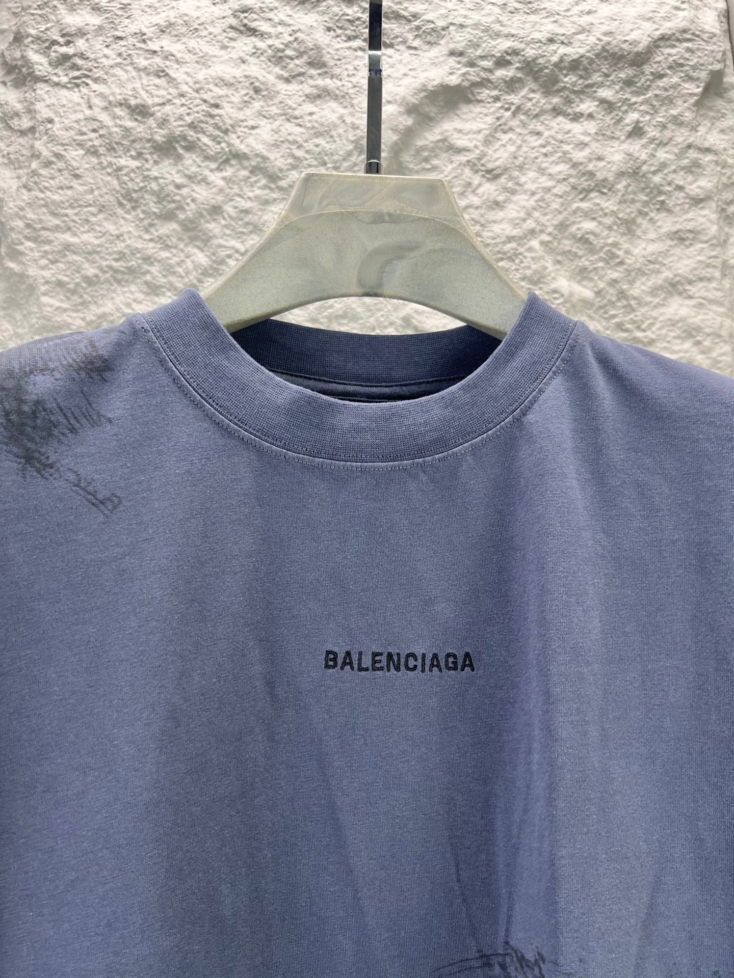 Balenciaga short-sleeve T-shirt, dark blue crew neck, BALENCIAGA chest logo detail