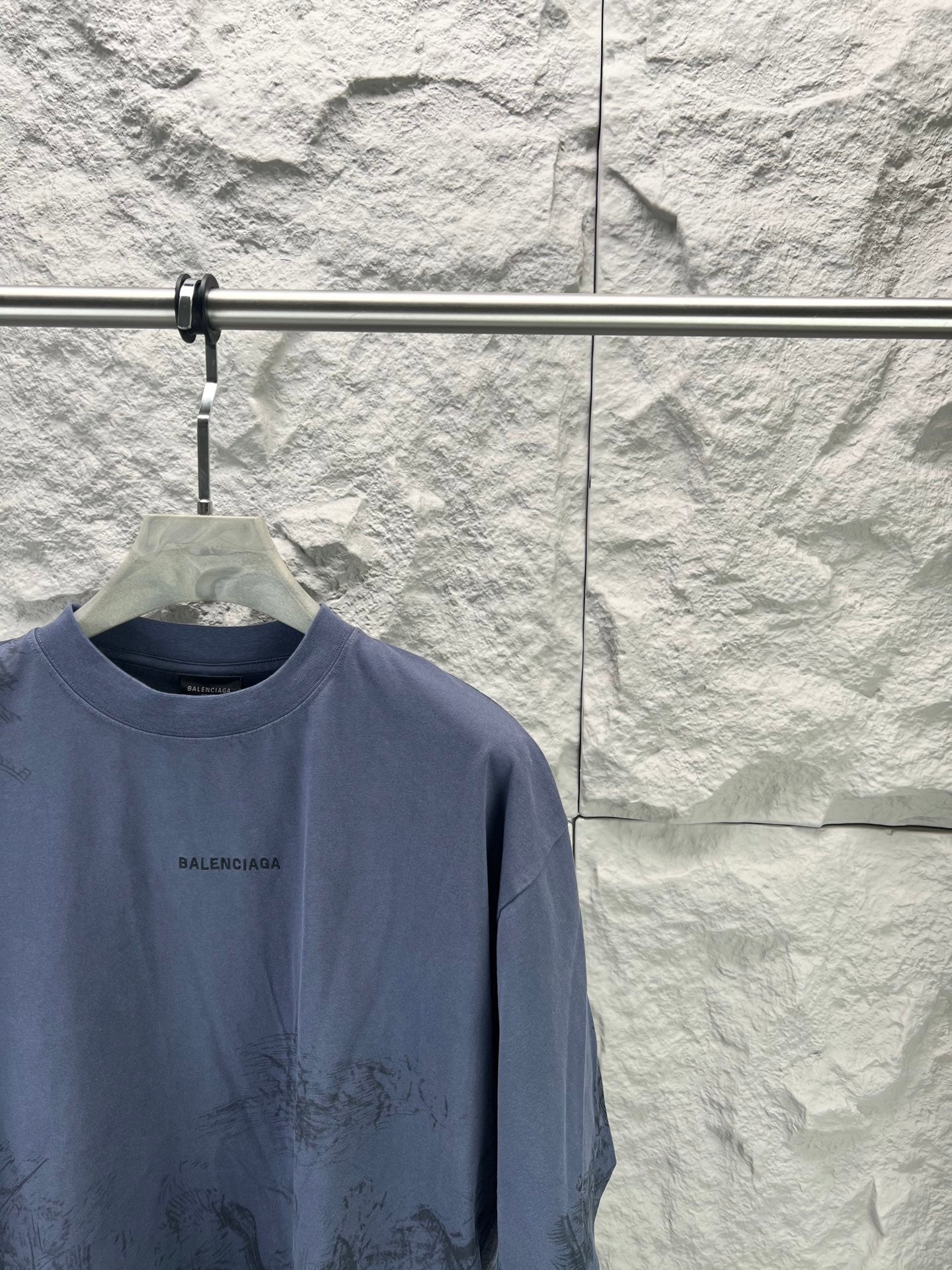 Balenciaga short-sleeve T-shirt, dark blue crew neck, BALENCIAGA logo on left chest