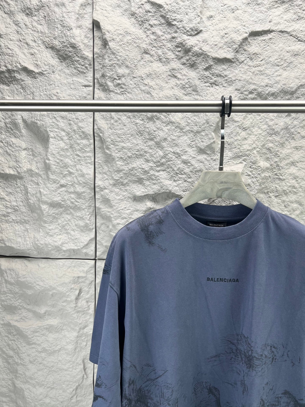 Balenciaga short-sleeve T-shirt, dark blue crew neck, small chest logo print