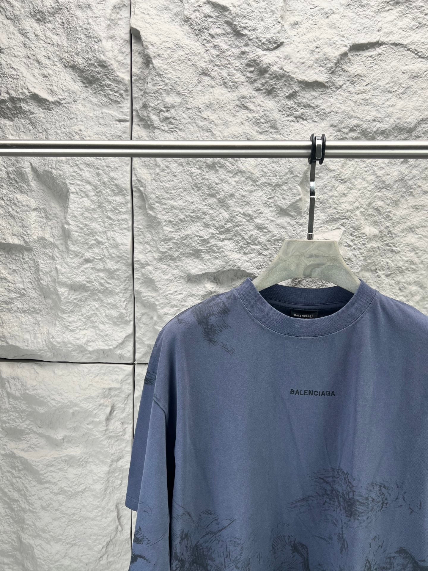Balenciaga short-sleeve T-shirt, dark blue crew neck, small chest logo print