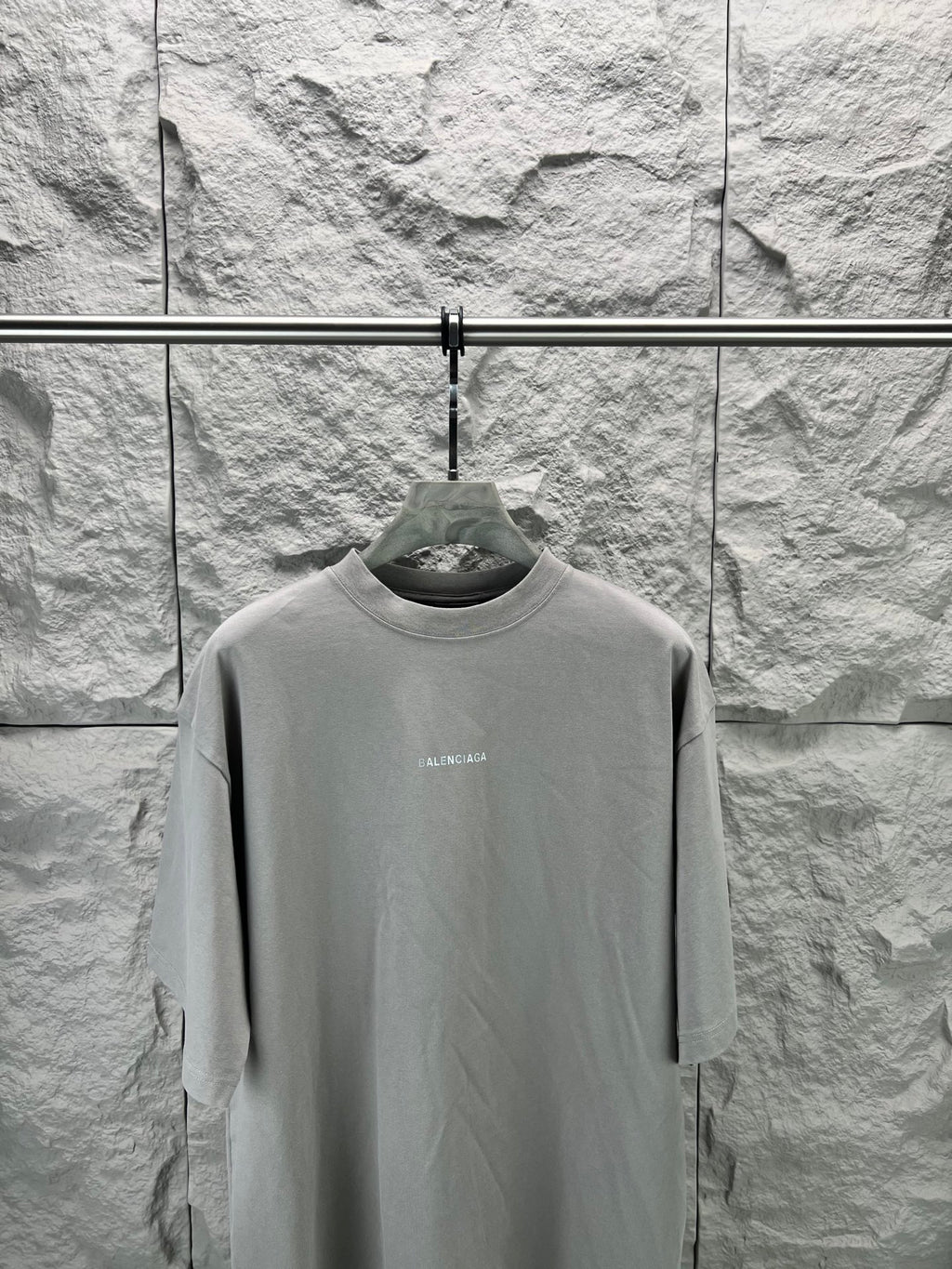 Light gray crewneck T-shirt on hanger, long sleeves, small BALENCIAGA logo