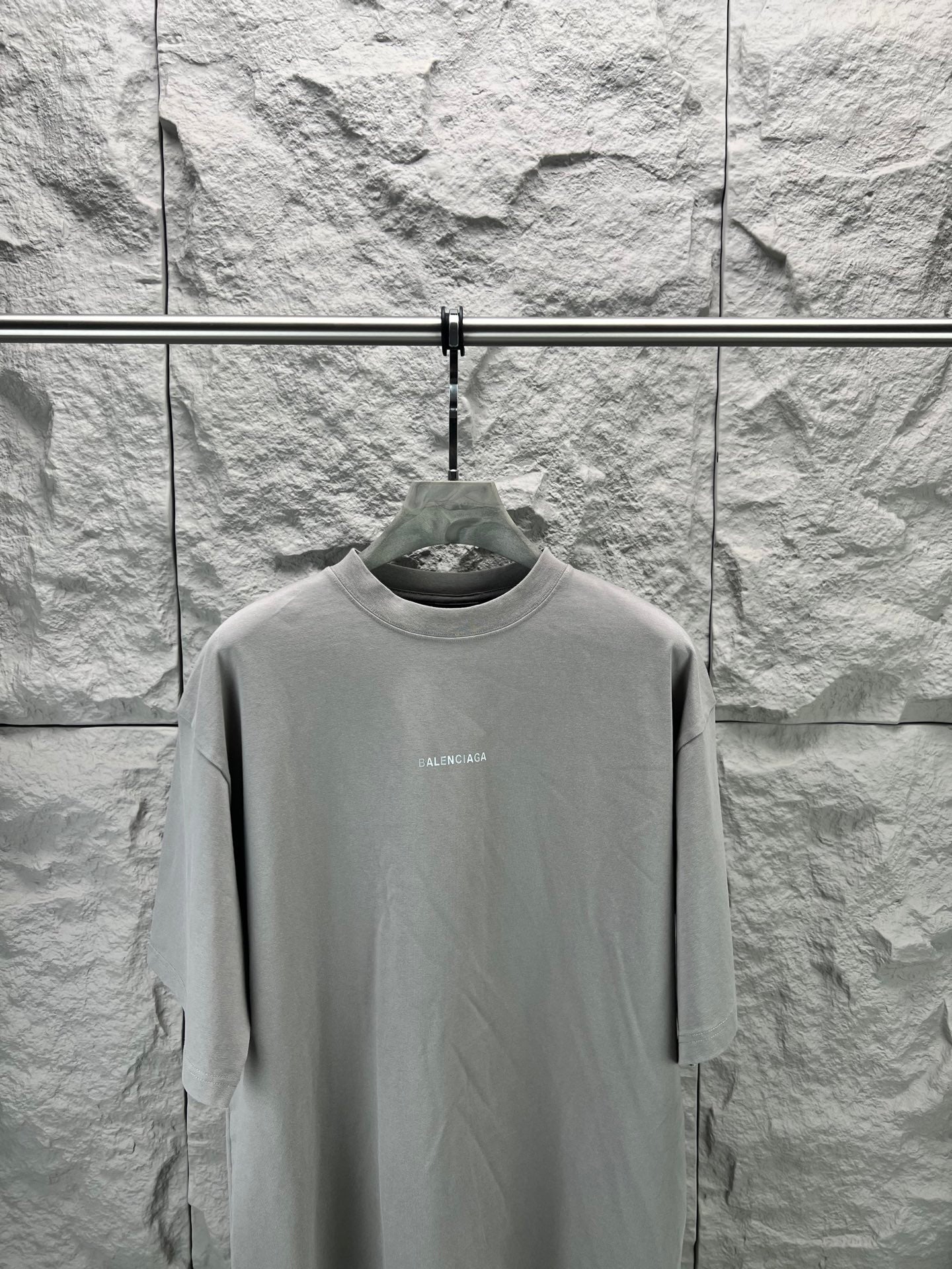 Light gray crewneck T-shirt on hanger, long sleeves, small BALENCIAGA logo