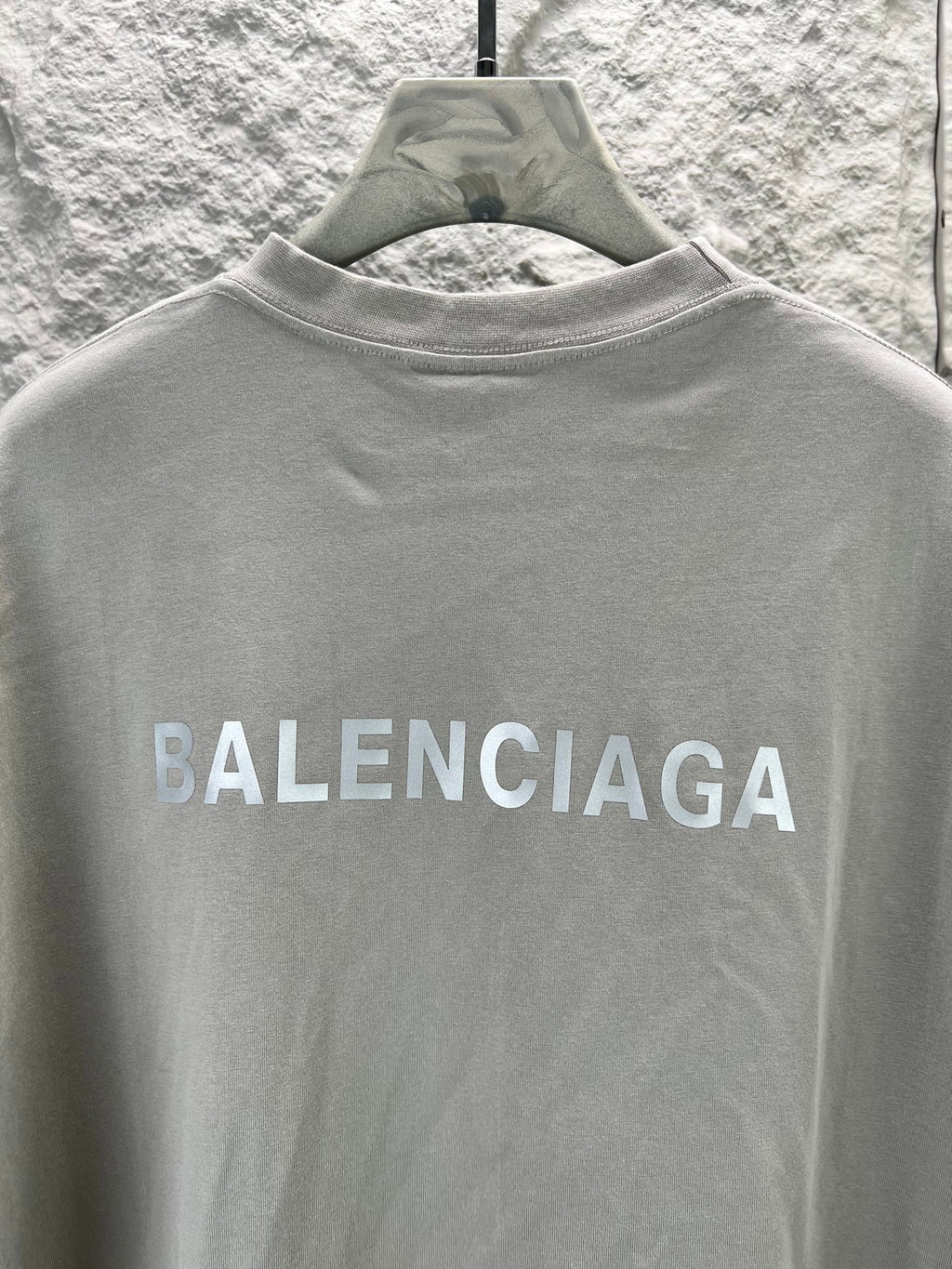 Light gray crewneck T-shirt back view with BALENCIAGA logo