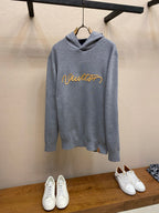 Gray Louis Vuitton pullover hoodie with hood and front logo script, long sleeves