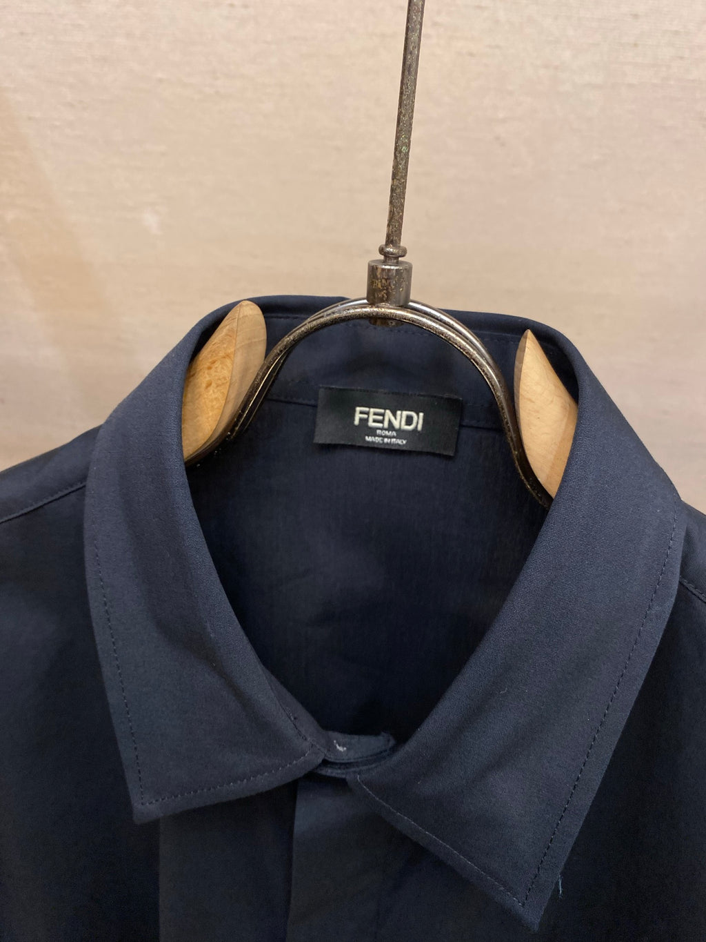 Fendi long-sleeve button-up shirt neckline with collar and FENDI logo label