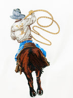 White Louis Vuitton T-shirt with cowboy-horse rider graphic in blue and brown