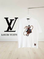 White Louis Vuitton short-sleeve T-shirt with colorful animal graphic on front