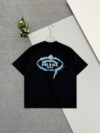 Black Prada short-sleeve T-shirt with blue embroidered logo graphic at center