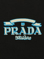 Black Prada Milano T-shirt with blue and white embroidered PRADA logo