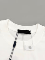 White short-sleeve T-shirt neckline with attached hang tag