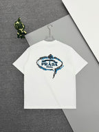 White short-sleeve T-shirt with large PRADA logo graphic on front