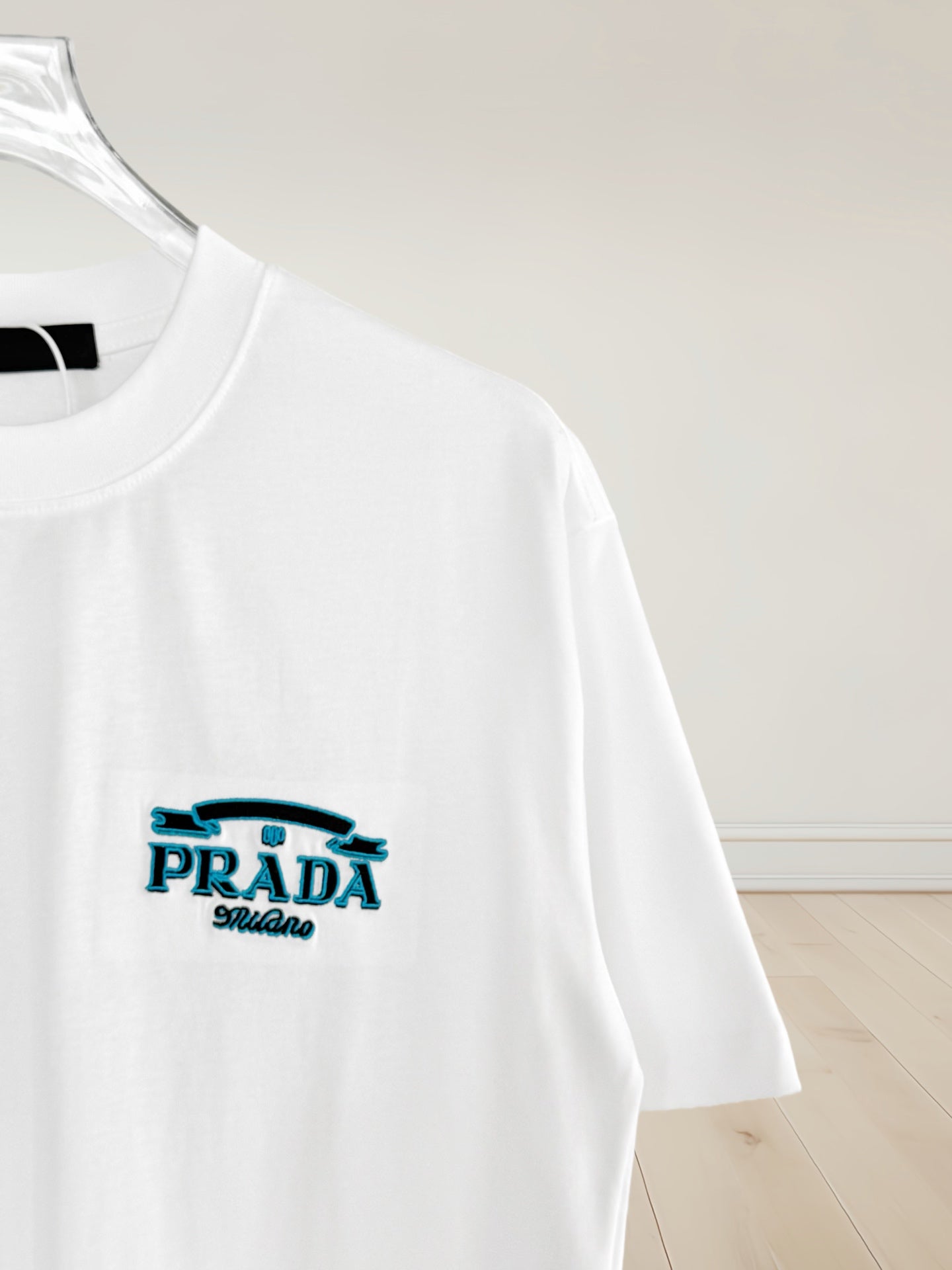 Prada short-sleeve T-shirt, white, embroidered chest logo