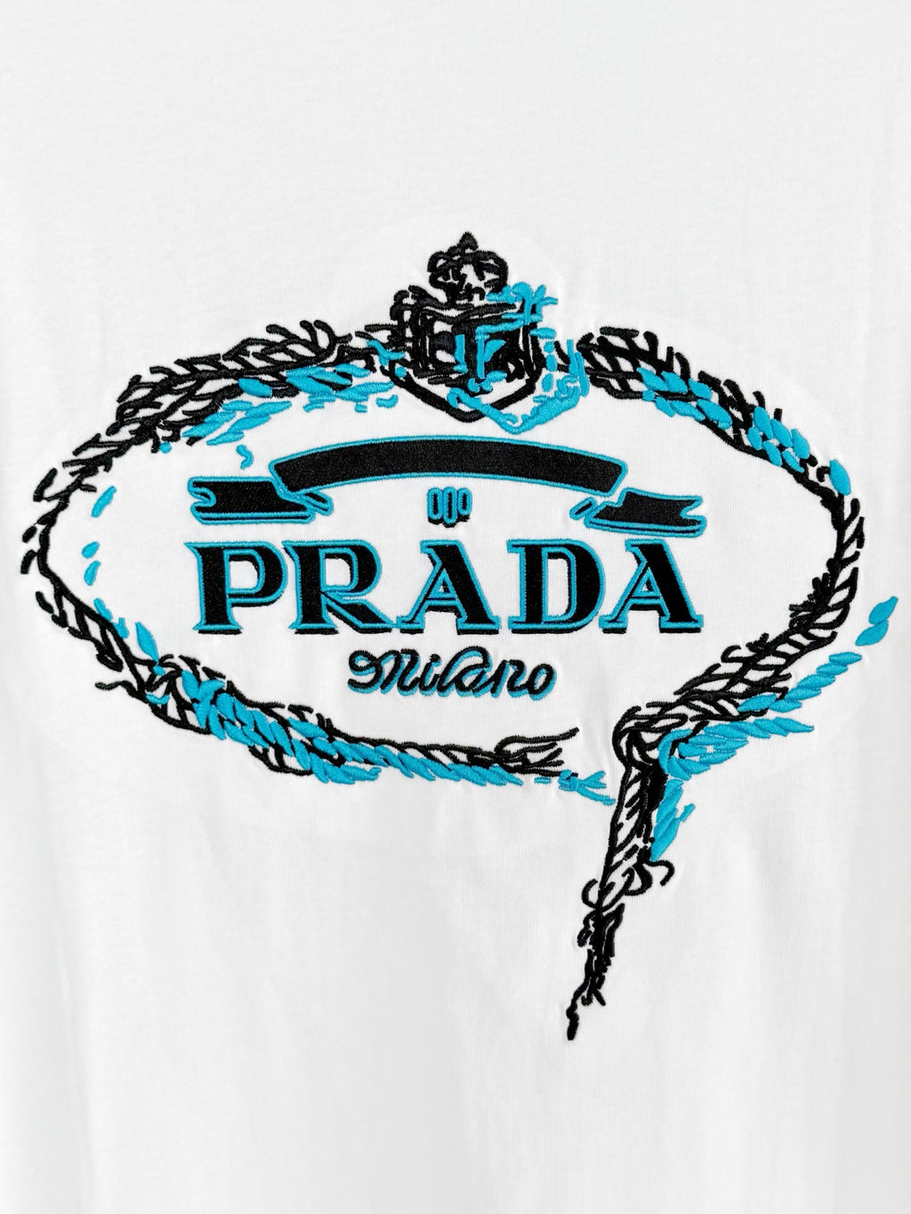 Prada short-sleeve T-shirt, white, large embroidered crest graphic on front