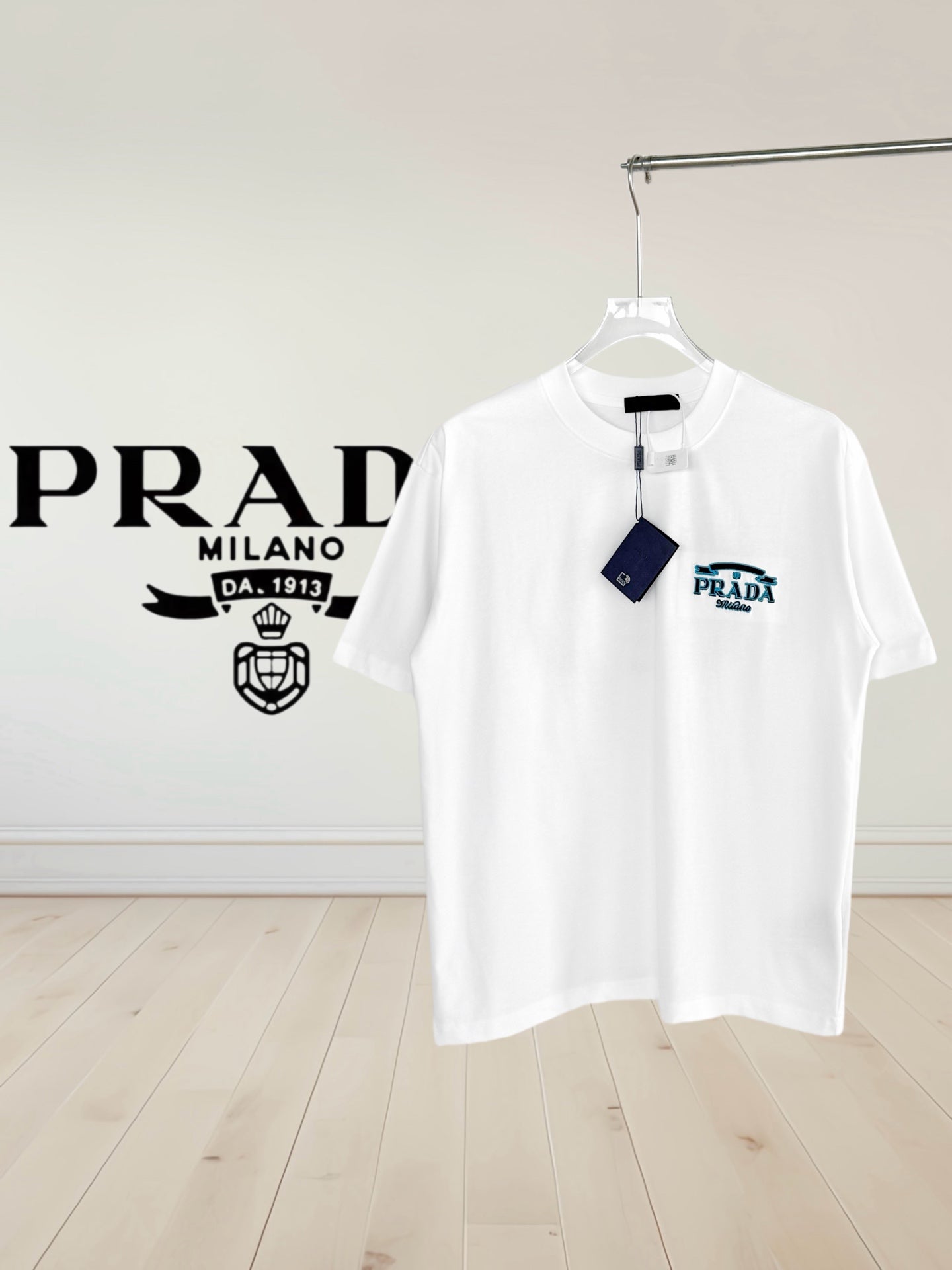 Prada short-sleeve T-shirt, white, small navy chest logo patch