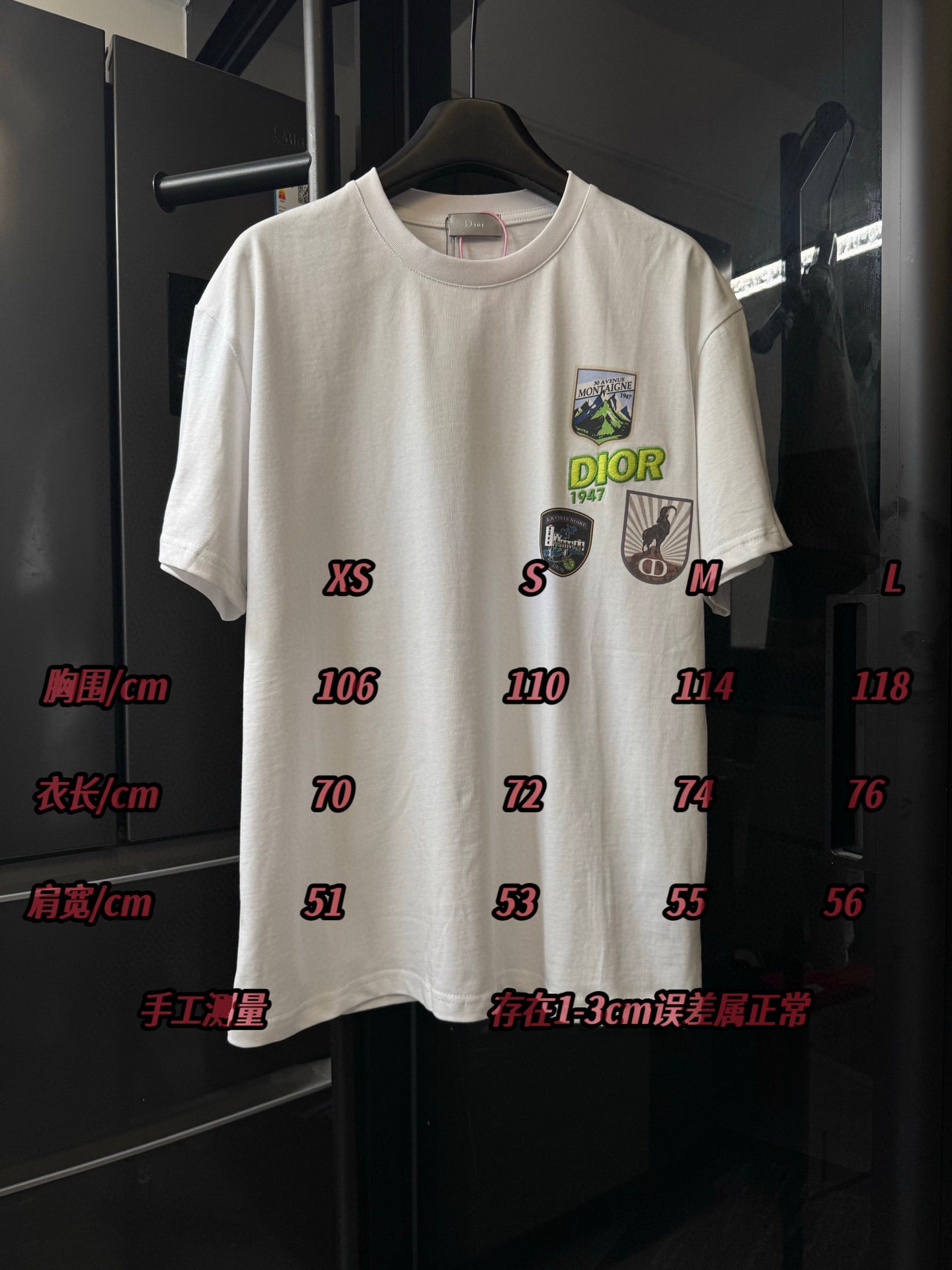 White Dior short-sleeve T-shirt with size measurement chart overlay and logos