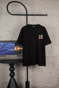 Black short-sleeve T-shirt with multicolor logo patch on chest