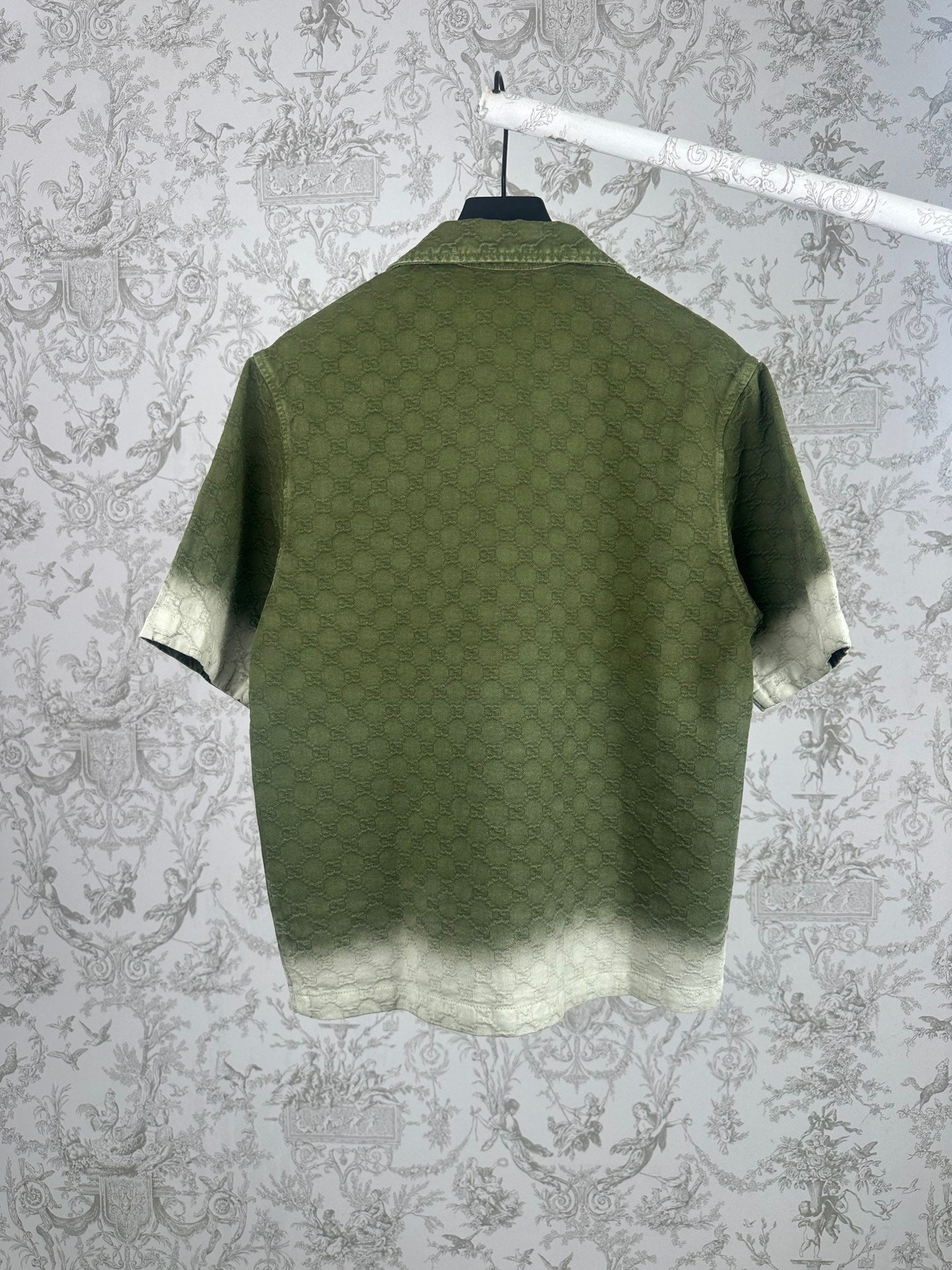 Gucci green short-sleeve button-up shirt, allover monogram pattern, back view