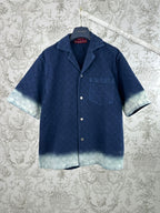 Gucci short-sleeve button shirt with chest pocket, dark blue and light hem trim