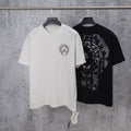 White chrome short T-shirt with small circular crest graphic on left chest