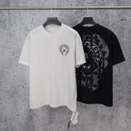 White chrome short T-shirt with small circular crest graphic on left chest