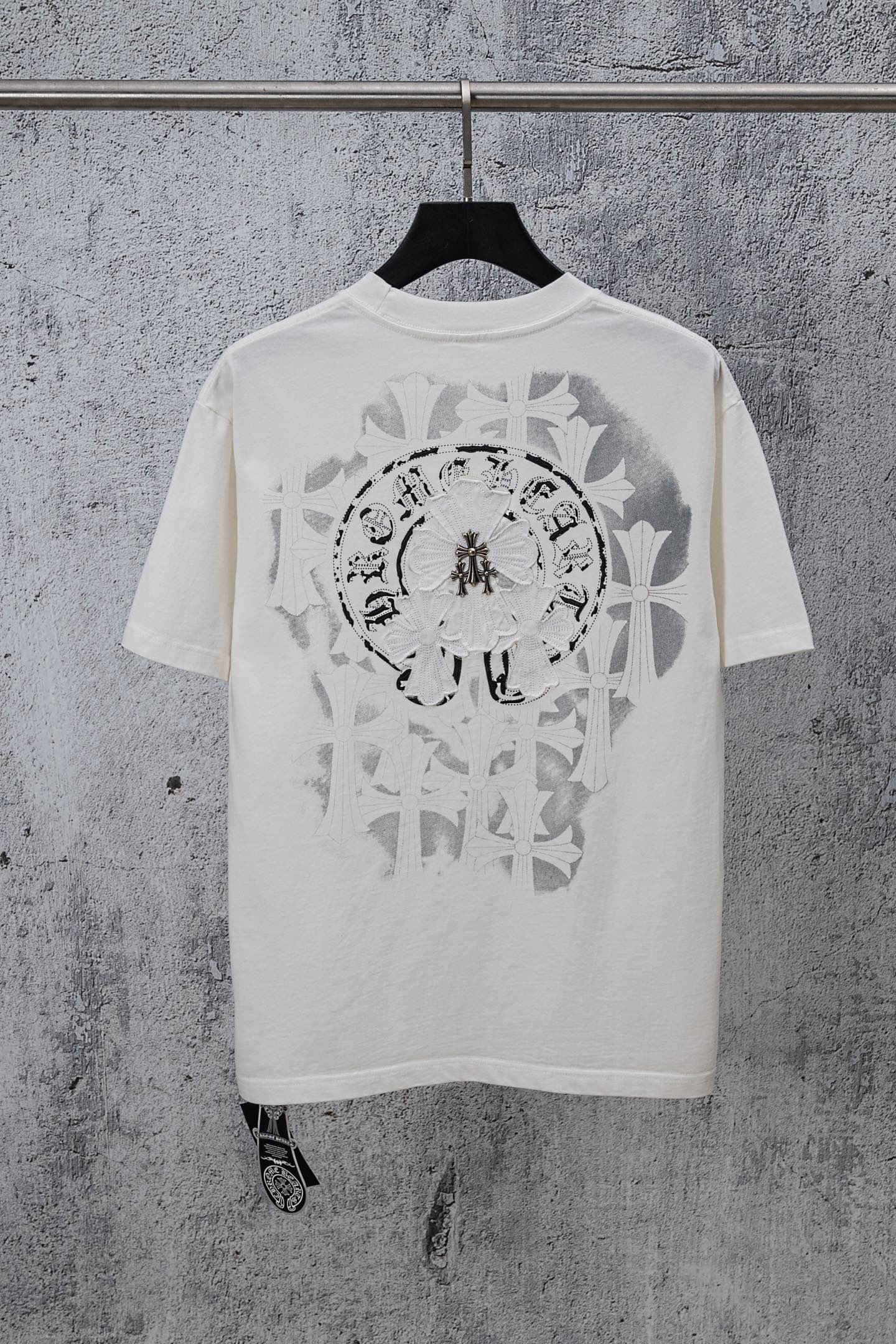 White chrome short T-shirt with large centered back graphic and ornamental accents