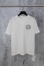 White chrome short T-shirt with small circular crest graphic on the chest