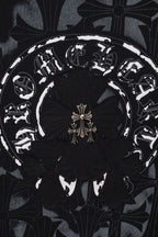 Black chrome short T-shirt close-up of ornate circular emblem center design