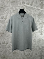 Heather gray short-sleeve polo shirt with button placket and spread collar