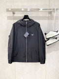 Long hooded zip jacket in dark gray with front patches and drawstring collar