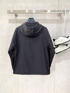 Long hooded zip jacket back view in dark gray, with gathered hood and seam details