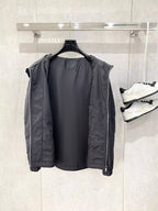 Long hooded zip jacket back panel view in dark gray with shoulder yoke seams