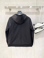 Dark hooded zip jacket, back view with hood and curved yoke seam