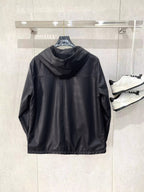Dark hooded zip jacket rear view with hood and front zipper placket