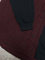 Plaid long-sleeve shirt with gathered cuff, curved hem, and buttoned front placket
