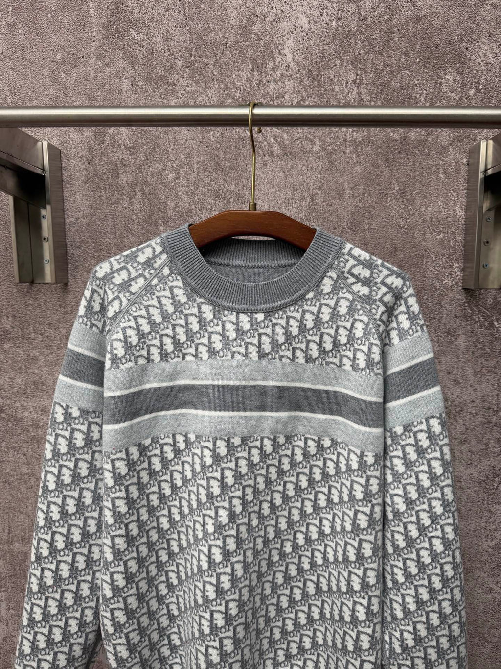 Long-sleeve knit sweater in gray and white with Dior monogram pattern and stripes